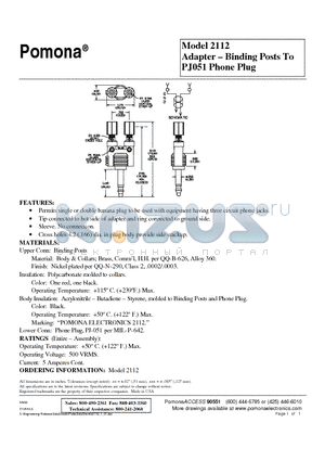 2112 datasheet - Adapter - Binding Posts To PJ051 Phone Plug