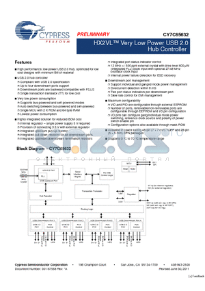 CY7C65632 datasheet - HX2VL Very Low Power USB 2.0 Hub Controller Up to four downstream ports support