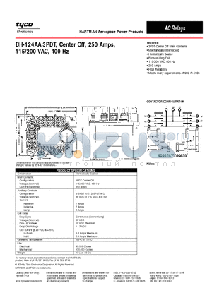 BH-124AA datasheet - BH-124AA 3PDT, Center Off, 250 Amps,115/200 VAC, 400 Hz