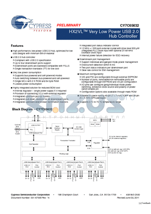 CY7C65632-48AXC datasheet - HX2VL Very Low Power USB 2.0 Hub Controller Up to four downstream ports support