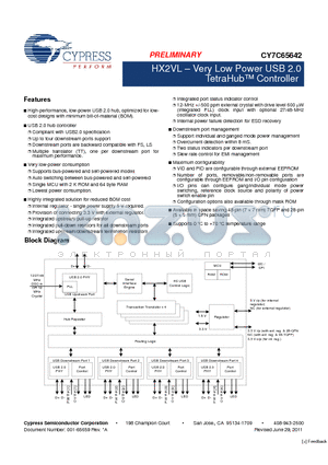 CY7C65642-28LTXC datasheet - HX2VL  Very Low Power USB 2.0 TetraHub Controller