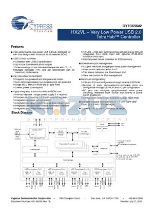 CY7C65642-48AXC datasheet - HX2VL  Very Low Power USB 2.0 TetraHub Controller