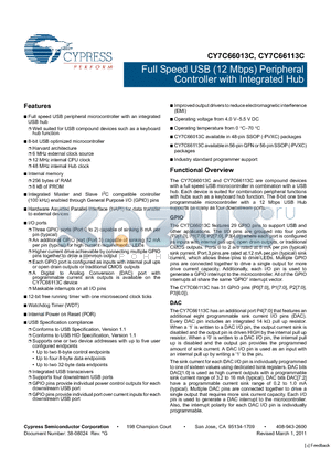 CY7C66113C-LTXC datasheet - Full Speed USB (12 Mbps) Peripheral Controller with Integrated Hub