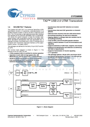 CY7C68000-56PVCT datasheet - TX2 USB 2.0 UTMI Transceiver