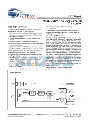 CY7C68000A-56LFXC datasheet - MoBL-USB TX2 USB 2.0 UTMI Transceiver