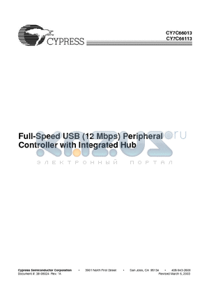 CY7C66013 datasheet - Full-Speed USB (12 Mbps) Peripheral Controller with Integrated Hub