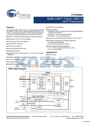 CY7C68003-24LQXI datasheet - MoBL-USB TX2UL USB 2.0 ULPI Transceiver