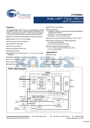 CY7C68003_10 datasheet - MoBL-USB TX2UL USB 2.0 ULPI Transceiver