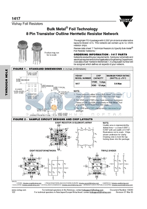 1417 datasheet - Bulk Metal^ Foil Technology 8 Pin Transistor Outline Hermetic Resistor Network