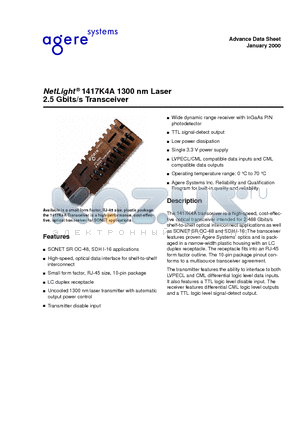 1417K4A datasheet - NetLight 1417K4A 1300 nm Laser 2.5 Gbits/s Transceiver