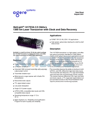 1417K5A datasheet - NetLight  1417K5A 2.5 Gbits/s 1300 nm Laser Transceiver with Clock and Data Recovery
