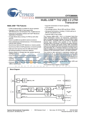 CY7C68000A datasheet - MoBL-USB TX2 USB 2.0 UTMI Transceiver