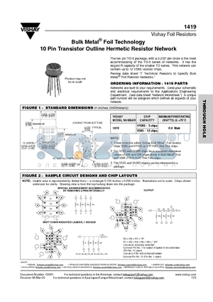 1419 datasheet - Bulk Metal^ Foil Technology 10 Pin Transistor Outline Hermetic Resistor Network