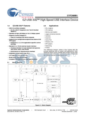 CY7C68001 datasheet - EZ-USB SX2 High-Speed USB Interface Device