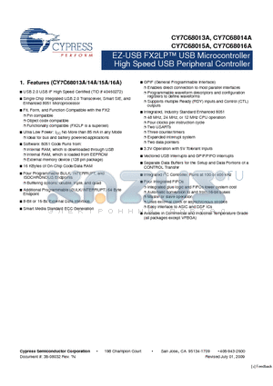 CY7C68013A-56LTXI datasheet - EZ-USB FX2LP USB Microcontroller High Speed USB Peripheral Controller