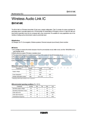 BH1414K-E2 datasheet - Wireless Audio Link IC