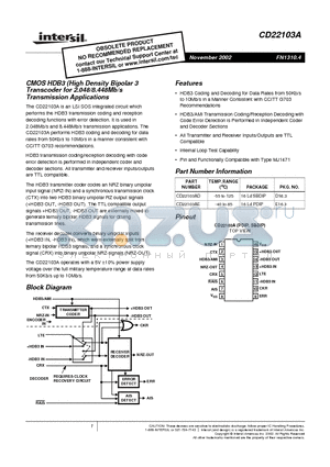 CD22103A datasheet - CMOS HDB3 (High Density Bipolar 3 Transcoder for 2.048/8.448Mb/s Transmission Applications