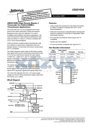 CD22103A_02 datasheet - CMOS HDB3 (High Density Bipolar 3 Transcoder for 2.048/8.448Mb/s Transmission Applications