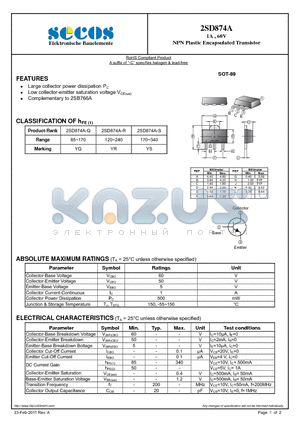 2SD874A datasheet - NPN Plastic Encapsulated Transistor