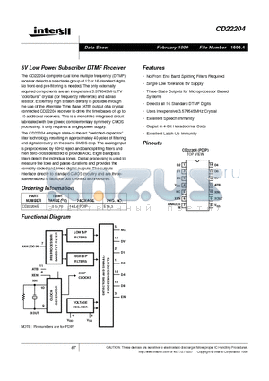 CD22204 datasheet - 5V Low Power Subscriber DTMF Receiver