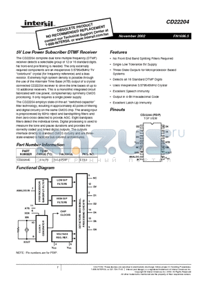 CD22204E datasheet - 5V Low Power Subscriber DTMF Receiver