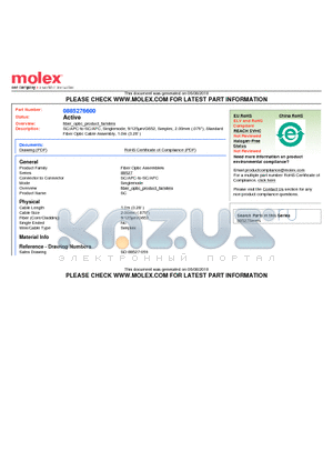 0885276600 datasheet - SC/APC-to-SC/APC, Singlemode, 9/125lm/G652, Simplex, 2.00mm (.079), Standard Fiber Optic Cable Assembly, 1.0m (3.28)