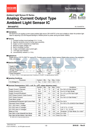 BH1603FVC datasheet - Analog Current Output Type Ambient Light Sensor IC