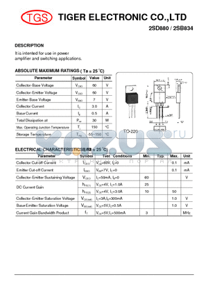2SD880 datasheet - It is intented for use in power amplifier and switching applications.
