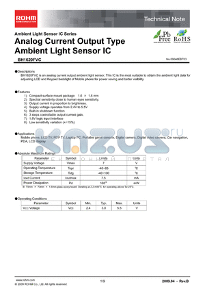 BH1620FVC datasheet - Analog Current Output Type Ambient Light Sensor IC