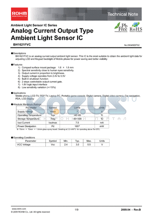 BH1621FVC datasheet - Analog Current Output Type Ambient Light Sensor IC