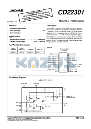 CD22301 datasheet - Monolithic PCM Repeater