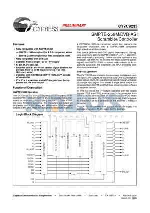 CY7C9235-270JC datasheet - SMPTE-259M/DVB-ASI Scrambler/Controller