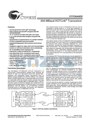 CY7C924ADX datasheet - 200-MBaud HOTLink Transceiver