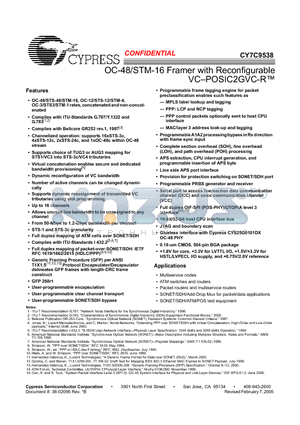 CY7C9538-BLI datasheet - OC-48/STM-16 Framer with Reconfigurable VC-POSIC2GVC-R