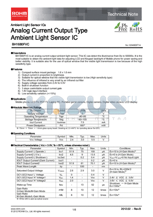 BH1680FVC datasheet - Ambient Light Sensor ICs Analog Current Output Type Ambient Light Sensor IC