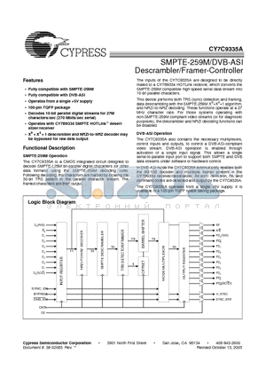 CY7C9335A datasheet - SMPTE-259M/DVB-ASI Descrambler/Framer-Controller