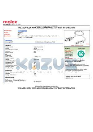 0887328100 datasheet - Universal Serial Bus (USB) Shielded I/O Cable Assembly, Type A-to-B, USB 1.1, 1.80m (5.91) Length, White