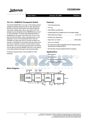 CD22M3494SQZ datasheet - 16 x 8 x 1 BiMOS-E Crosspoint Switch