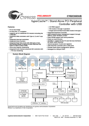 CY82C693UB-NC datasheet - hyperCache TM / Stand-Alone PCI Peripheral Controller with USB