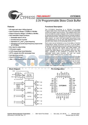 CY7C9915-1JXC datasheet - 3.3V Programmable Skew Clock Buffer