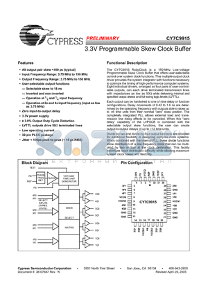 CY7C9915-5JXI datasheet - 3.3V Programmable Skew Clock Buffer