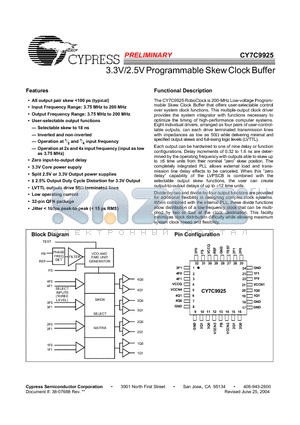 CY7C9925 datasheet - 3.3V/2.5V Programmable Skew Clock Buffer