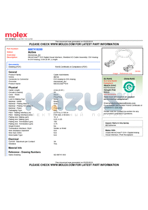 0887418200 datasheet - MicroCross DVI Digital Visual Interface, Shielded I/O Cable Assembly: DVI-Analog to DVI-Analog, 2.0m (6.56) Length