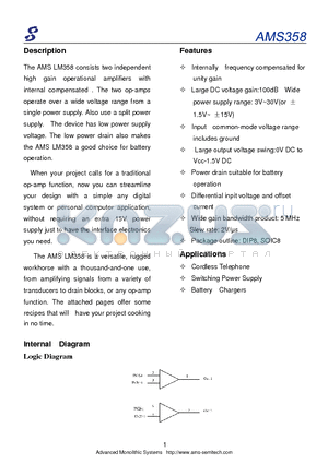 AMS358 datasheet - Internally frequency compensated for UNITY GAIN