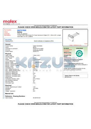 0887614600 datasheet - 1.27mm (.050) Pitch Serial ATA Power Harness-to-Pigtail, IDT, 1.50m (4.92) Length, Gold Flash, 5V12V, Leadfree