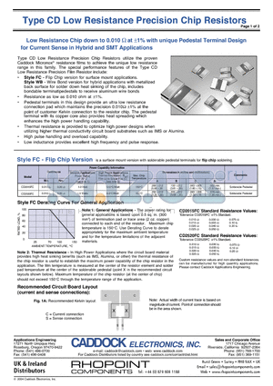 CD2520FC datasheet - Low Resistance Chip down to 0.010 OHM at - with unique Pedestal Terminal Designl for Current Sense in Hybrid and SMT Applications