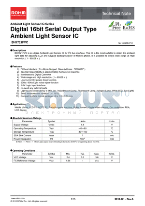 BH1721FVC datasheet - Digital 16bit Serial Output Type Ambient Light Sensor IC