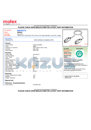 0887632710 datasheet - 0.80mm (.031) Pitch IEEE 1394 4-Pin-to-4-Pin Cable Assembly, 2.0m (6.56) Length