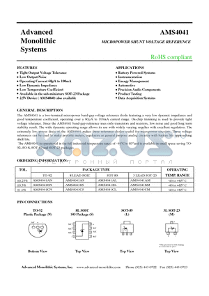 AMS4041B datasheet - MICROPOWER SHUNT VOLTAGE REFERENCE