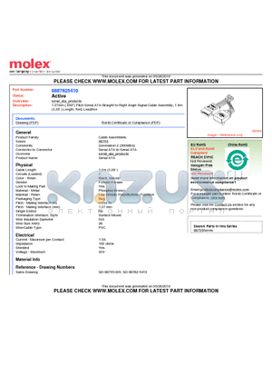 0887625410 datasheet - 1.27mm (.050) Pitch Serial ATA Straight-to-Right Angle Signal Cable Assembly, 1.0m (3.28) Length, Red, Leadfree